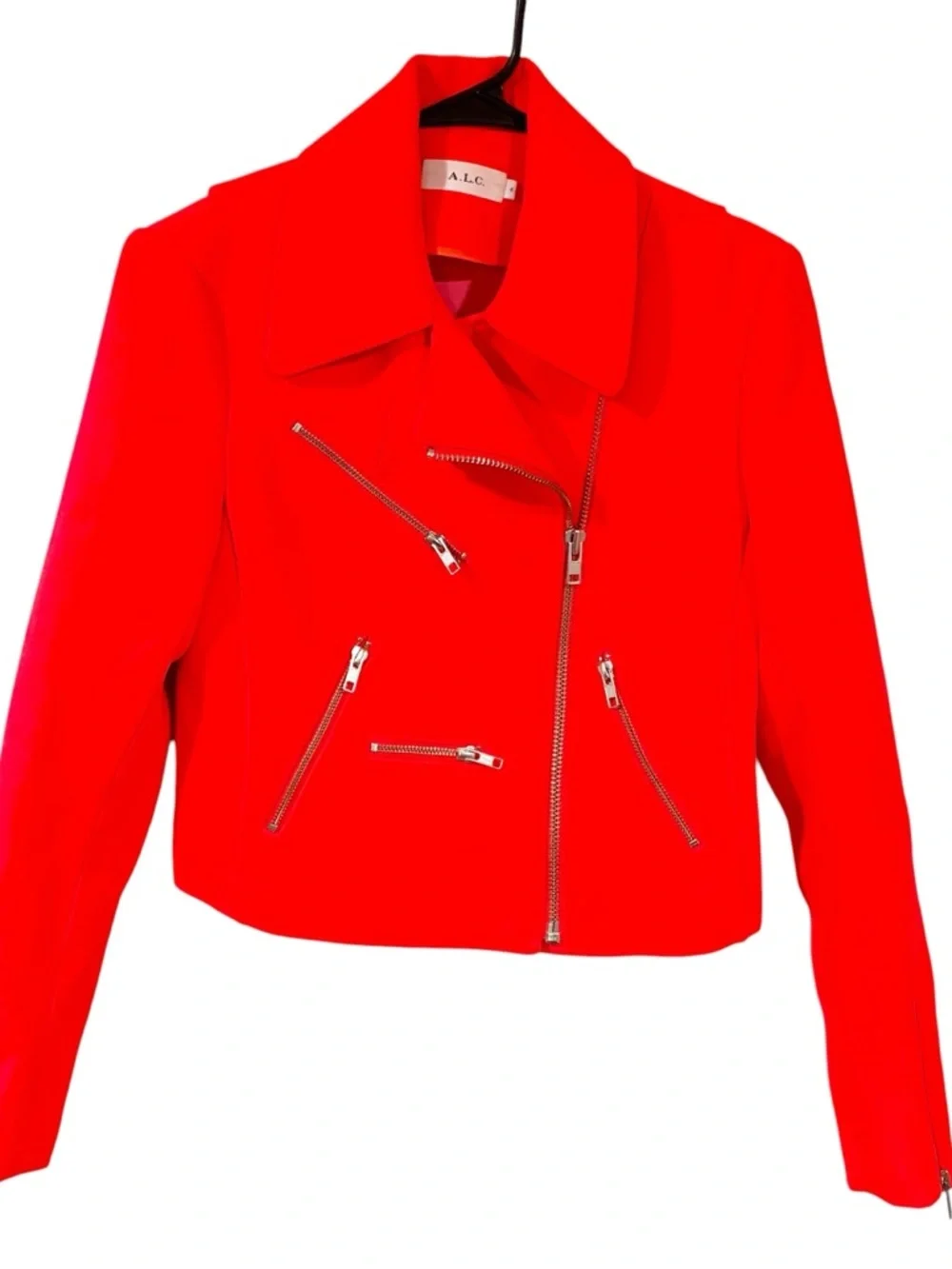 A.L.C. Ekberg Double-Face Scuba Moto Jacket Neon Red-Orange Asymmetric Size‎ 4